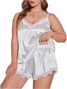 Women's Plus Size 2 Piece Pajama Satin Lace Trim Cami And Shorts Sleepwear Sethalloween - 白色 - 查看 1