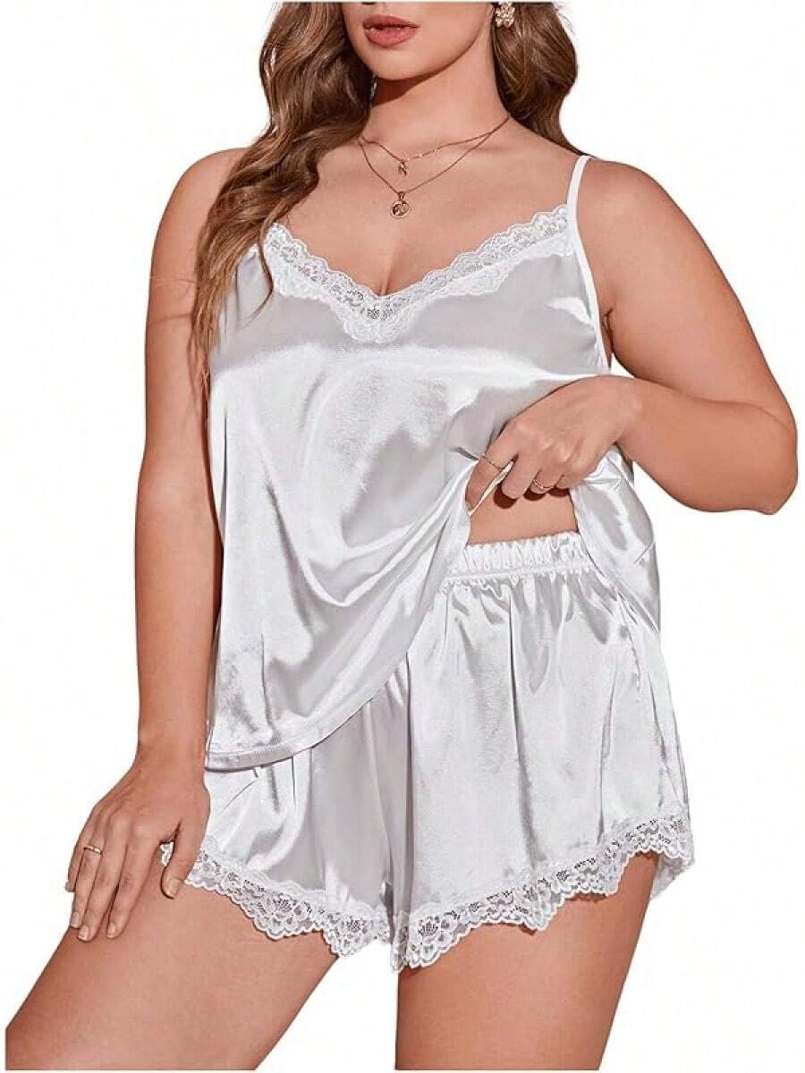 Women's Plus Size 2 Piece Pajama Satin Lace Trim Cami And Shorts Sleepwear Sethalloween - 白色 - 查看 1