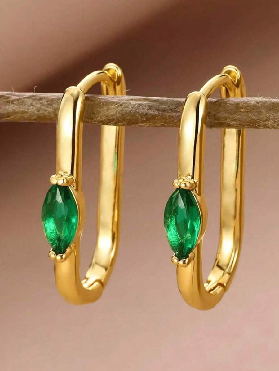 1 Coppia di Orecchini a Cerchio Quadrati con Zirconia Ovale Verde, Placcati in Oro, in Acciaio Inossidabile, Gioielli per Orecchie di Lusso, Regali per Feste