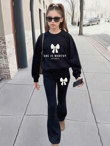 蝴蝶结印花女童休闲简约长袖圆领套头毛衣和中高腰喇叭裤两件套秋冬装 - 黑色 - 查看 10