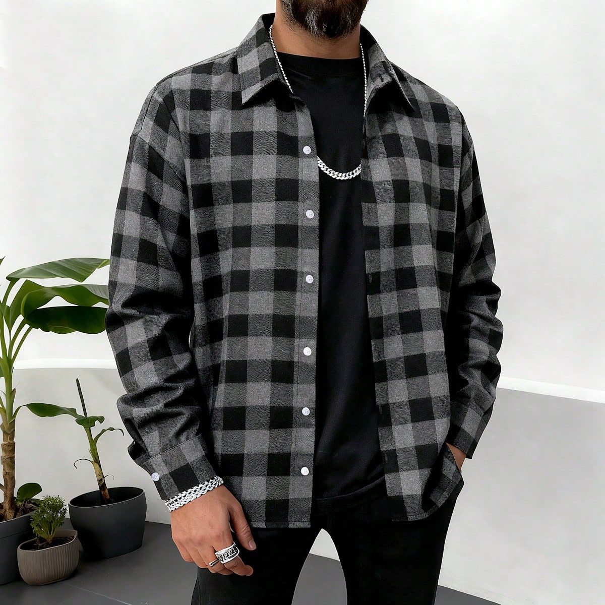Camisa de manga larga a cuadros con textura para hombre, casual de negocios, negro y blanco, otoño/invierno
