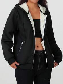 Women's Fleece Lined Zip-Up Hoodie, Drawstring Hood Thick Fleece With Zipper Pockets, Casual Warm Comfortable, Autumn/Winter Jacket, Suitable For Outdoor, Street, Home, Best Gift For Girlfriend - Black - View 4