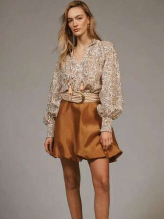 女士碎花褶皱长袖时尚衬衫，适合海滩度假