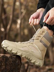 男士登山靴2025新款厚底防滑耐磨高帮圆头系带舒适男士高帮牛皮网布透气舒适男靴，男士户外摩托车骑行鞋，舒适男靴，尺码最大可达47