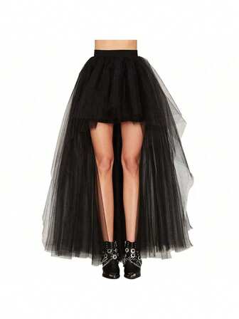 1pc Women's Asymmetric Hem Fishtail Skirt, Black/White/Red, Layered Tulle Skirt, Gothic Style, 4-Layer Tulle + 1 Lining, Plus Size Floor Length Skirt, Stage Performance Skirt