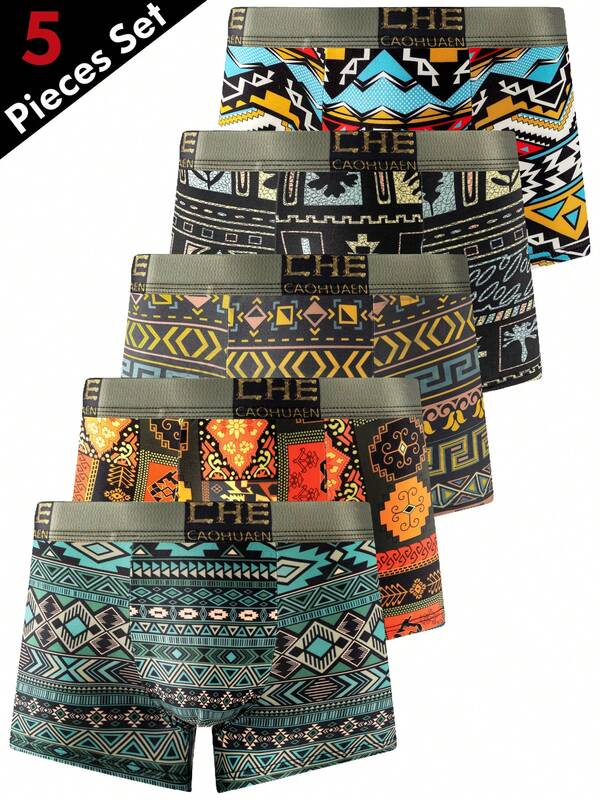 5pcs/Pack Men's Graffiti Print Breathable Briefs, Short Underwear