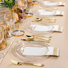 Zerulis 175 Pcs Plastic Plates, Clear And Gold Plates, Elegant Dinnerware Set For 25 Guests Include 25 Dinner Plates 10 Inch , 25 Dessert Plates 7 Inch, 75 Plastic Silverware, 25 Cups, 25 Napkins, Elegant Tableware Set For Wedding ,Party, Thanksgiving - 透明金 - 查看 2