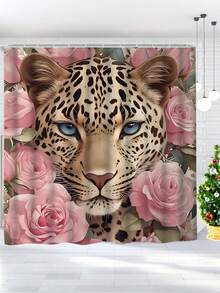 Rideau de douche imprimé léopard et rose rose avec 12 crochets en forme de C - Imperméable, lavable en machine, décoration de Noël imprimée animale