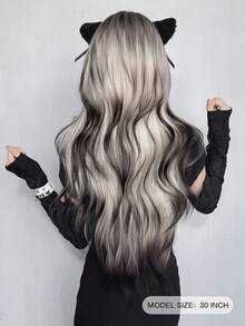 NAMM 30 英寸灰色渐变黑色长波浪假发，女士宽松长波浪假发，华丽蓬松合成假发，刘海自然外观，非常柔软合成耐热纤维头发，漂亮的全机发假发适合时尚女孩日常、动漫或服装角色扮演装饰、音乐节舞会街头穿着使用（渐变灰黑色） - 漸層 - 查看 3