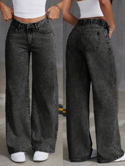 Tween Girls' Loose Fit Casual Comfortable Solid Color Straight Leg Wide Leg Jeans