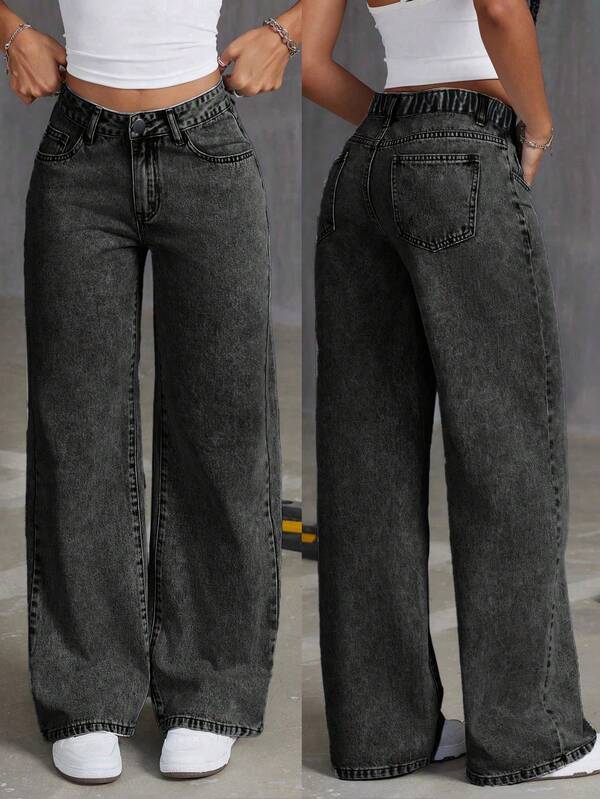 Tween Girls' Loose Fit Casual Comfortable Solid Color Straight Leg Wide Leg Jeans