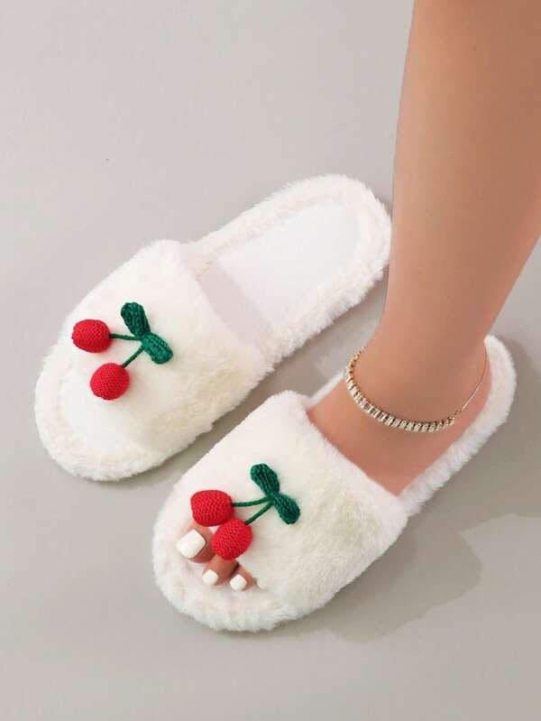 Fashionable Sweet Candy Color Plush Cherry Thick Sole Anti-Slip Women's House Slippers
