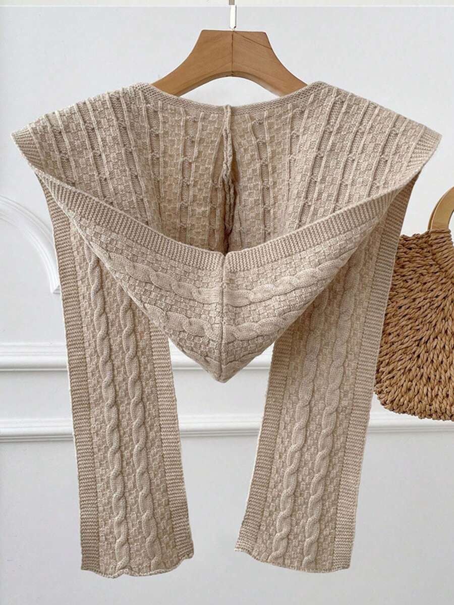 1PC Women's Fashion Solid Color Cable Knit Pattern Shawl Hat Scarf, Warm Windproof Knitted One-Piece Hooded Scarf Neck Warmer, Suitable For Dating, Daily Wear And Shopping - Multicolor - View 1