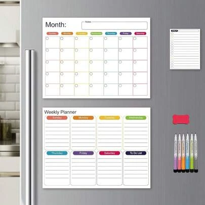 ZZBIFRJ Calendario Magnético para Refrigerador Juego de 3 Piezas, Planeador Mensual Reutilizable Viene con 6 Marcadores Magnéticos y Un Borrador Magnético
