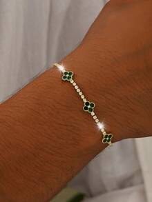 1pc Men's Luxury Clover Bracelet, Sparkling Zirconia + Rich Green Gemstone Embedded 3D Clover Design, Suitable For Daily Commute, Gatherings And Various Festivals - Yellow Gold - View 6