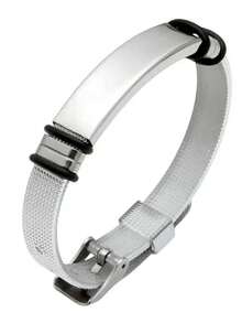 1pc Minimalist Stainless Steel Curved Plate Mesh Silver Color Bracelet, Length 17-22cm For Men