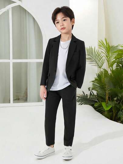 2 Pieces Young Boy Suit Casual Black Jacket Trousers Suitable For Birthday Party Family Gathering Spring And Autumn