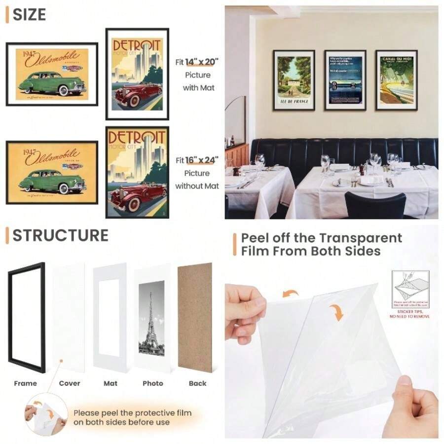 Juego de 5 Marcos para Cuadros de 8x 10, imgenes de 5x con tapete o 8x 10 sin tapete, Marcos para Fotos Pared, Negro - Negro + 40,64 x 60,96 cm (16 x 24 pulg.) - Ver 1