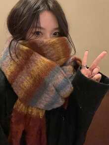 1件装女士棕色凌乱辫子羊毛条纹针织围巾，适合搭配连衣裙 - 棕色 - 查看 3