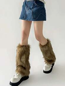 1双毛绒腿套，Y2K复古摩登辣妹仿皮草靴套，欧美显瘦毛绒套，适合日常穿着，舒适保暖 - 棕色 - 查看 5