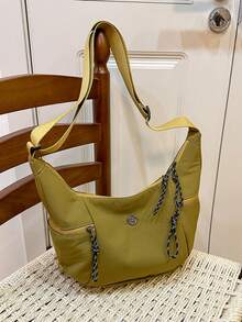 1pc Girls' Solid Color Nylon Zipper Closure Casual Crossbody Bag, Suitable For All Seasons Daily Use