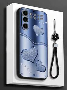 蓝色爱心图案镂空边缘腕带防震手机壳，兼容苹果（A13 4G、A22、A21S、A51 4G、A52、S22 Ultra、A33 5G）、红米 - 彩色 - 查看 3