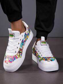 Unisex Graffiti Lace-Up Skateboard Shoes, Versatile Casual Fashion Sneakers For Couples, Suitable For All Seasons