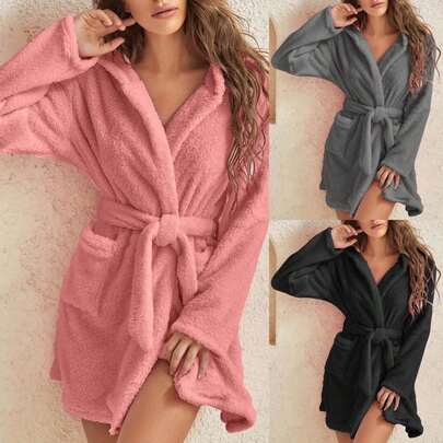 1pc - European And American Style Seasonal Wearable, Bridesmaid & Bride Morning Gown, Hotel SPA Robe, Sauna Suit, Outdoor Pool Warm Bathrobe, Women Short Hooded Plush Long Robe With Pockets, Soft & Warm Spa Sleepwear Robe