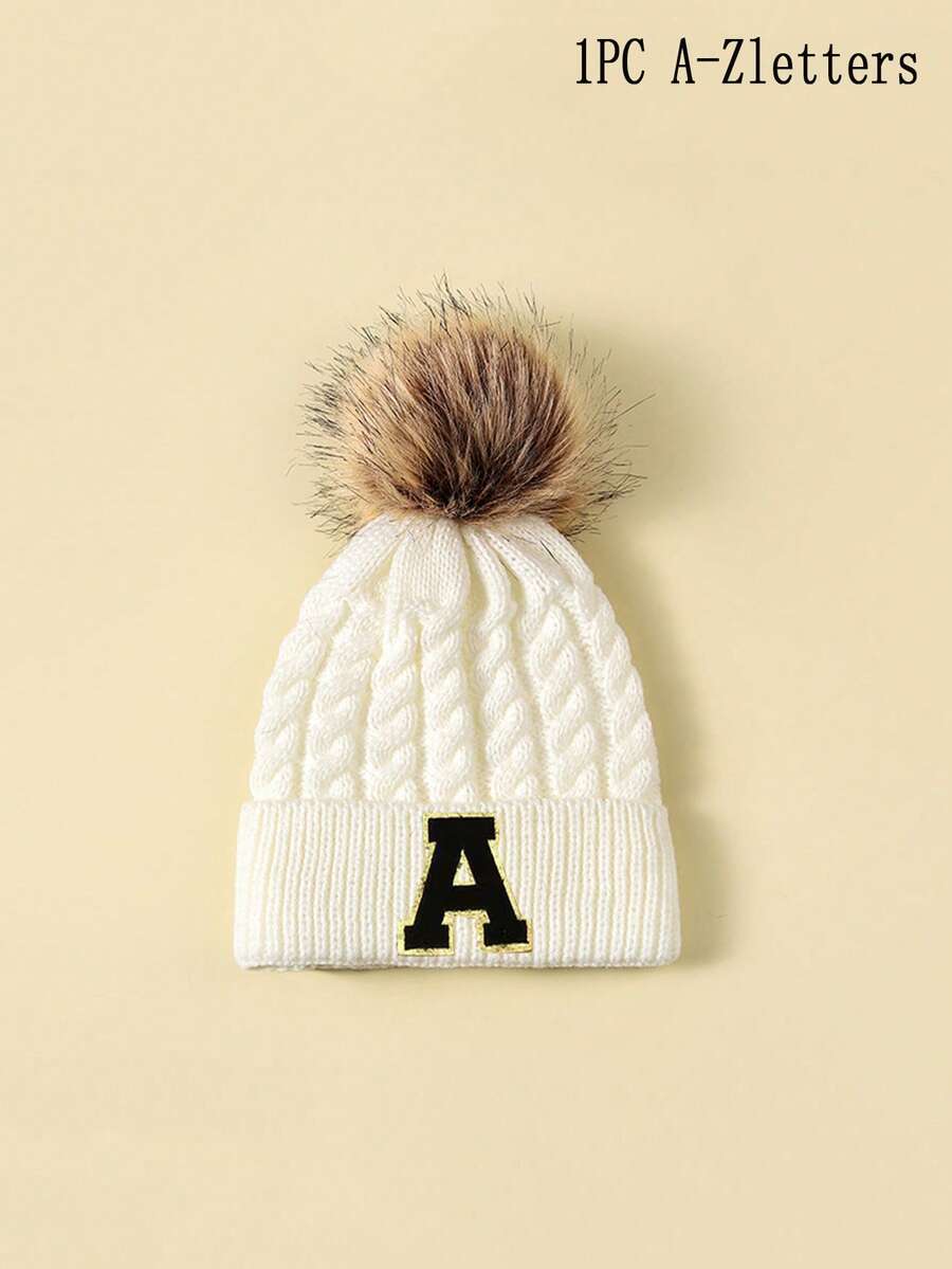 1 Mũ len đan 26 chữ cái cho trẻ em, Mũ không vành ấm áp mùa đông cho bé trai bé gái, Thích hợp cho hoạt động ngoài trời, Đội hàng ngày, Chống gió, Làm quà tặng - trắng - Xem 1