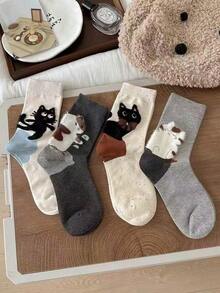 4 Pairs Autumn New Cute Cartoon Cat Heel Design Versatile Stylish Mid-Calf Socks