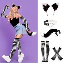 5pcs Cat, Wolf, Fox Tail Headband, Elastic Striped Gloves, Striped Thigh High Socks, Contrast Color Collar, Costume Set Suitable For Party Cosplay - Pink Purple Stripes - View 9