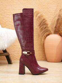 女士新款时尚鳄鱼纹酒红色高筒靴，粗跟尖头侧拉链连衣裙靴，适合秋冬季节，也适合万圣节、圣诞节、感恩节、新年等场合，及膝长靴 - 酒紅色 - 查看 8
