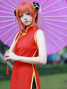 一件可爱活泼的日系动漫《银魂》神乐风格旗袍连衣裙，需搭配打底裤，适合角色扮演、漫展、摄影、日常休闲穿着，圣诞节也可穿着。 - 彩色 - 查看 4