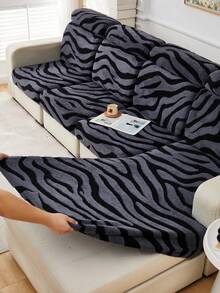 1 pieza Funda de cojín de sofá antiensuciamiento de tela suave y esponjosa con estampado de cebra, tela de jacquard de felpa gruesa con contraste de colores negro y gris, adecuada para cubrir el respaldo, 1/2/3/4 plazas o chaise longue de sofá en otoño/invierno
