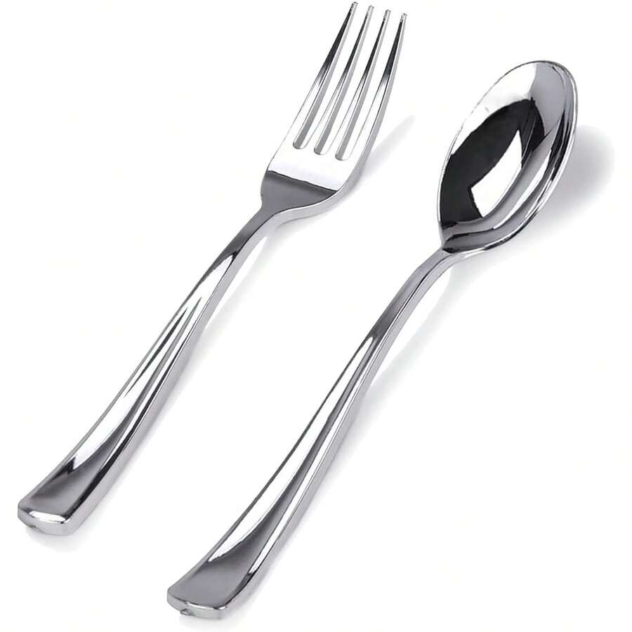 50pcs Silver Spoon And Fork Set, 25pcs Silver Forks And 25pcs Silver Spoons, Heavy Duty Cutlery Set For Party, Dining, Formal Dinner, Wedding And School Supplies - Silver - View 1