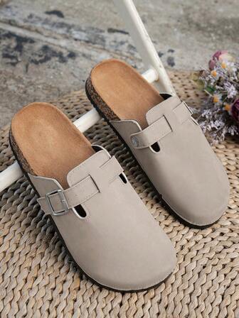 2025 Women Casual Comfortable Non-Slip Thick Sole Birkenstocks Mule Shoes, Buckle Decor Solid Color Faux Suede Versatile Flat Sandals For Beach & Home