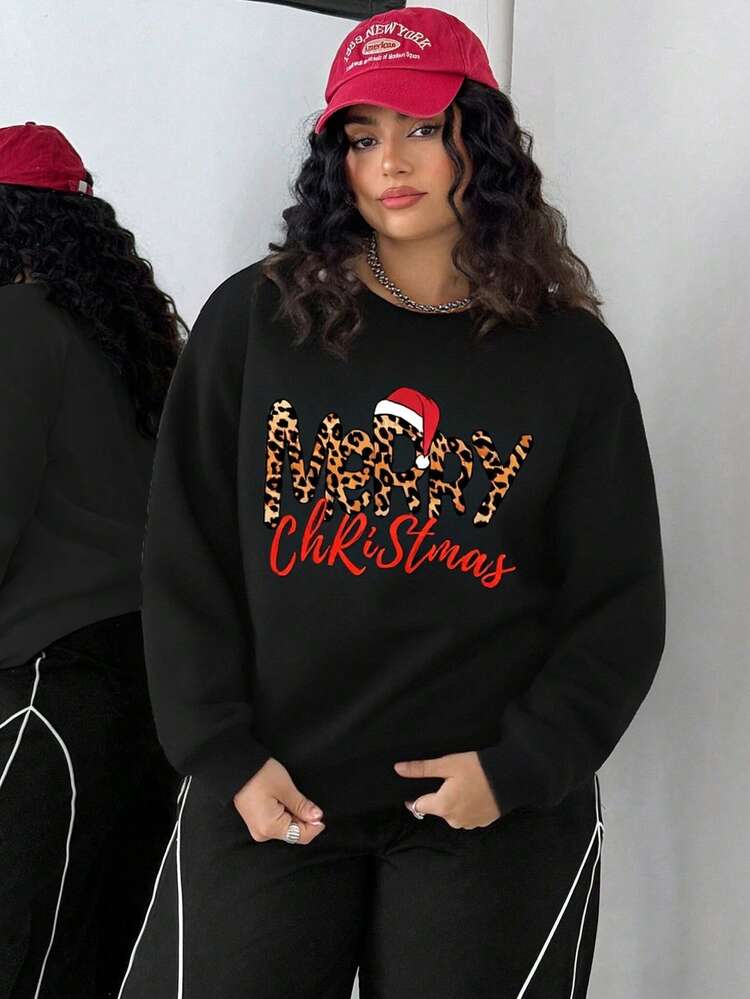 Plus Size Women Casual Minimalist Sweatshirt With Christmas Elements And Letter Print Pattern. Round Neck Long Sleeve Sweatshirt, Suitable For Autumn/Winter, Suitable For Party And Daily Wear - Black - View 10