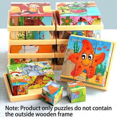 1pc 6-Sided Wooden Cube Block - Wooden Puzzle, 9 Cubic Blocks, Ocean World Animal Theme, Helps Concentration, Categorization And Logical Thinking, Ideal Gift