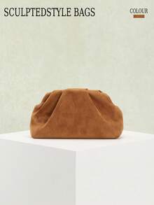 SCULPTEDSTYLE BAGS 1件秋冬新款復古棕色紋理麂皮手拿包，美拉德風女款手提包，歐美時尚百褶極簡女款手拿包，附鏈條肩帶可斜跨 - 棕色 - 查看 11