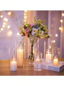 8/4pcs Glass Cylinder Vases, Tall Clear Flower Vase, Hurricane Floating Candle Holder For Table Centerpiece, Wedding, Home Decor Room Decor Glass Vase