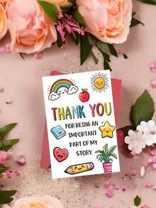 Happy Thank You Teacher Card With Envelope - Vibrant Cartoon Design Featuring Rainbow, Apple And Smiling Face, Ideal For Preschool, Daycare Or Childcare Year-End Gift
