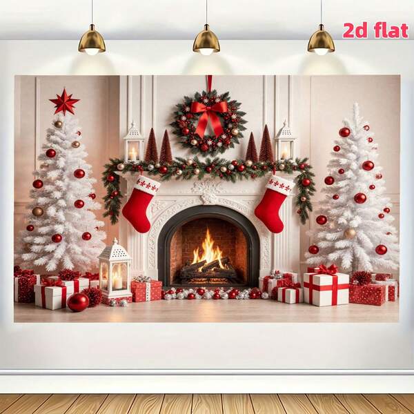 1 Stück 2D flache, bequeme Weihnachtskamin Kulisse - aus Polyester gefertigt, geeignet für Weihnachtspartyzubehör, Weihnachtsaußendekoration, Feiertagsfeste, Fotografie-Requisiten, Weihnachtsdekoration für Zuhause, Garten, Terrasse, Innen-/Außenvorhangdekoration, Outdoor-Veranstaltungen, Themenfeste, Feiertagsfeiern und Fotorequisiten, Weihnachtsdekorationen, in verschiedenen Größen erhältlich