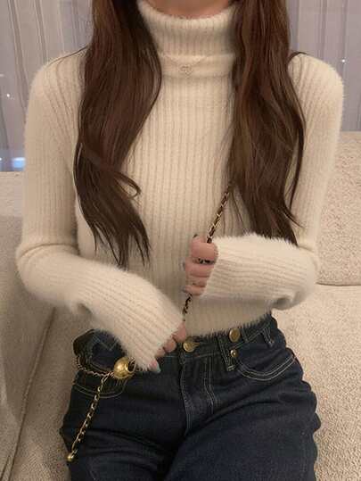 女式纯色高领长袖修身休闲毛衣，秋冬