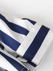 Women's Striped Long Sleeve Notch Collar Woven Shirt, Minimalist Unisex Style - ازرق وابيض - مشاهدة 7