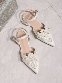 新款秋季时尚女士珍珠尖头玛丽珍平底鞋，休闲镂空新娘婚礼凉鞋