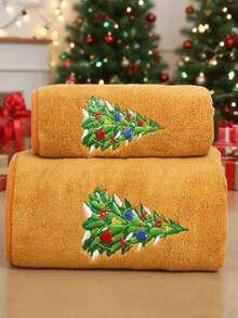1pc Coral Fleece Black Christmas Towel With Cartoon Characters - Santa Claus, Christmas Tree, Gingerbread Man, Soft, Absorbent, Suitable For Bathroom Decor, Beach, Pool, Christmas Gift Shower Towels For Beaty Salon, Hotel Sports,Home Essentials, Towel, Skin Care