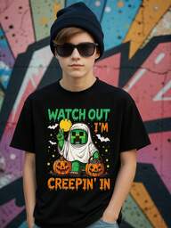 Young Boy's Halloween Pixel Block Character Green Robot Pumpkin Bat 100% Cotton Graphic Tees, Boys Fall Clothing, Black Round Neck Letter Print T-Shirts, Machine Washable, Suitable For Outdoor Sports And Summer Leisure Tops, Gifts For Halloween Parties & Trick Or Treating, Regular Fit Fall Kids T-Shirt, Funny, Soft Breathable Kids Clothes Boy's.