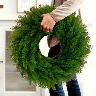 1pc Artificial Pine Branch Wreath, Faux Plant For Home Decor - Indoor/Outdoor Decoration Suitable For Plastic Christmas Decorations, Classic Wall Hanging Front Door Decoration, Home Party Decoration, Holiday Wreath Desi