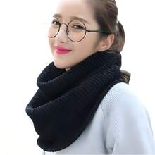 1件秋冬韩版针织围脖，加厚纯色女士围巾，可搭配连衣裙 - 黑色 - 查看 2