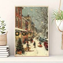 12x16 英寸无框复古圣诞小镇帆布海报 - 冬季仙境墙壁艺术，带有雪橇场景、雪景街道和节日装饰，现代节日家居装饰，适合客厅、卧室、办公室 - 完美的礼物创意，圣诞墙壁艺术，最适合圣诞节 - 彩色 - 查看 2